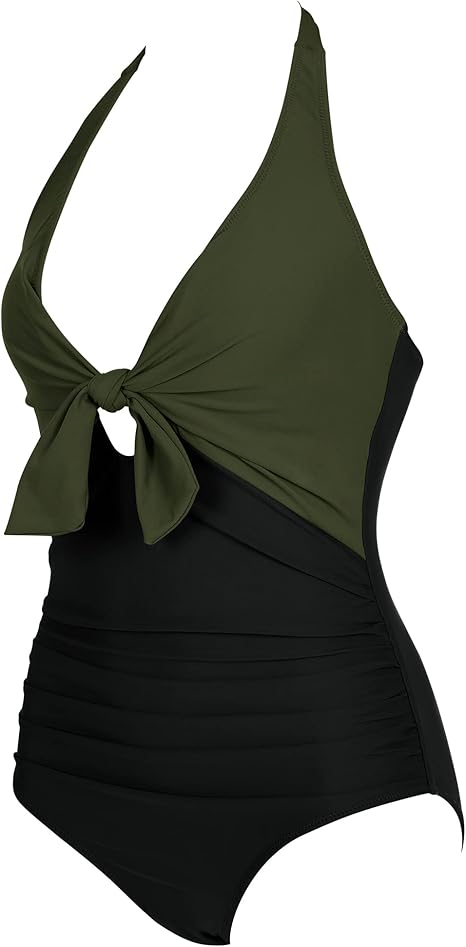 Tie Knotted Swimming Costume Women Tummy Control Push Up Swimsuit Halter V Neck Padded One Piece Swimwear