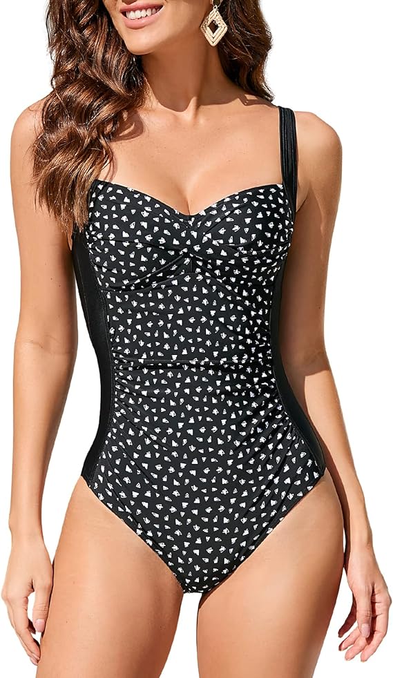 MAX One Piece Swimming Costume Tummy Control Swimsuit Ruched Padded Swimwear, Plus Size Bathing Suits for Women Vintage Push Up Monokinis,for C to DD Cup