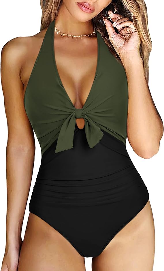 Tie Knotted Swimming Costume Women Tummy Control Push Up Swimsuit Halter V Neck Padded One Piece Swimwear
